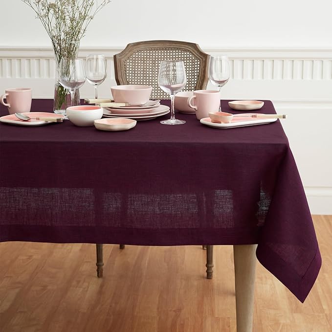 Solino Home Linen Tablecloth 52 x 52 Inch - 100% Pure Linen Square Table Throw - Athena, Machine Washable Chambray Burgundy Tablecloth for Fall, Autumn, Christmas, Holiday, Winter, New Year