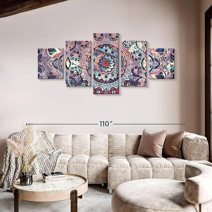 ElephantStock - Mandala Enchantment Wall Art - Horizontal Multi Panel Canvas - 5 Piece Living Room Wall Decor - Digital Art Elements Multi Piece Wall Art - Blue And Beige Decor - 92" x 42"