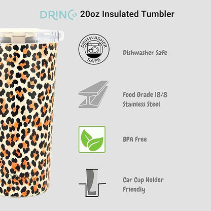 Drinco - 20 oz Stainless Steel Tumbler | Double Walled Vacuum Insulated Mug With Lid, 2 Straws, For Hot & Cold Drinks (20oz Leopard)