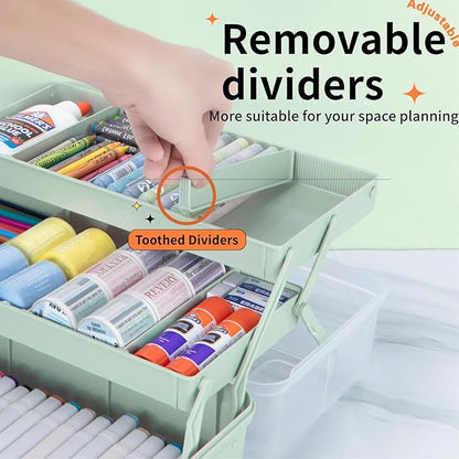 12.5in 3-Layer Multipurpose Craft Organizers and Storage with Adjustable Dividers, Portable Tackle Box, Folding Art & Craft Case for Medicine, Tool, Sewing Organizer (Haze Green)