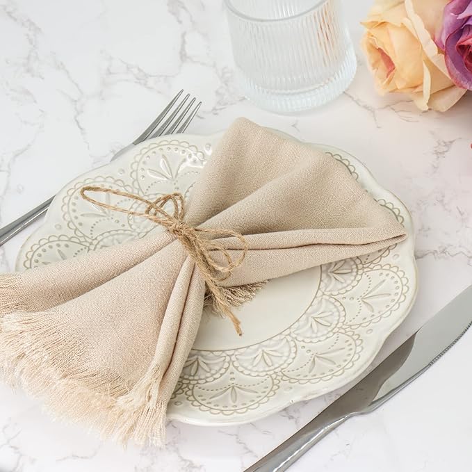 Handmade Cloth Napkins with Fringe,18 x 18 Inches Cotton Linen Napkins Set of 4 Versatile Handmade Square Rustic Fringe Napkins for Dinner, Wedding and Parties, Beige