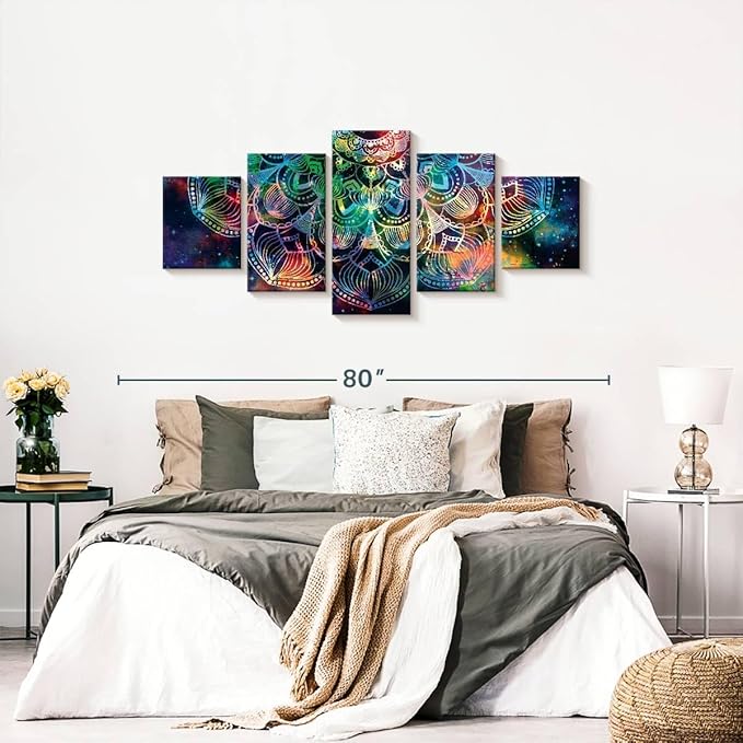 ElephantStock - Celestial Mandala Wall Art - Horizontal Multi Panel Canvas - 5 Piece Living Room Wall Decor - Digital Art Elements Multi Piece Wall Art - Turquoise And Blue Decor - 68" x 30"