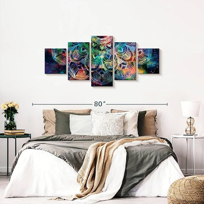 ElephantStock - Celestial Mandala Wall Art - Horizontal Multi Panel Canvas - 5 Piece Living Room Wall Decor - Digital Art Elements Multi Piece Wall Art - Turquoise And Blue Decor - 68" x 30"