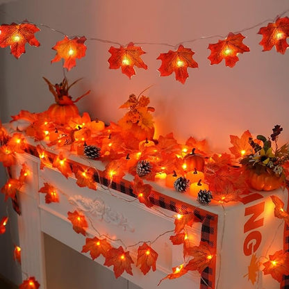 YEGUO 4 Packs Thanksgiving Decorations for Home, Fall Lights Battery Operated, Total 40ft 80 LED Lighted Fall Garland Maple Leaves for Thanksgiving Decor