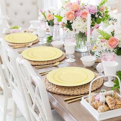 FLOWERCAT 200PCS Yellow Plastic Plates Disposable Plates for Party - Heavy Duty Plastic Plates - 100 10" Dinner Plates and 100 7" Salad Plates for Weddings, Easter Parties and Events