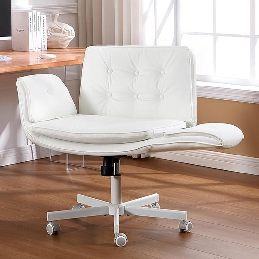 Criss Cross Chair with Armrests & Wheels, PU Leather Vanity Chair, Comfortable Adjustable Swivel Computer Office Desk Chairs for Home, Make Up, Bed Room (White)
