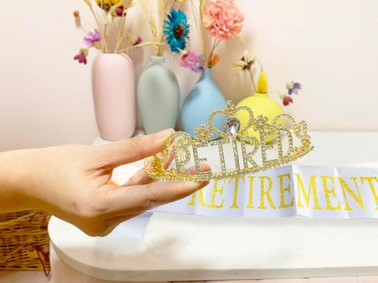 JETKONG Retirement Party Decorations Retired Tiara/Crown, Retired Sash for Women Retirement Gifts, Retirement Party Supplies, Gifts, Favors (Gold)