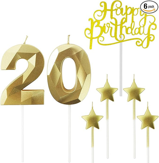 Golden Number 20 Birthday Candles and Star Birthday Candles 2.76 inch Birthday Cake Candles 3D Diamond Shaped Candles are Suitable for Birthday Parties and Anniversary Cake Decorations Candles