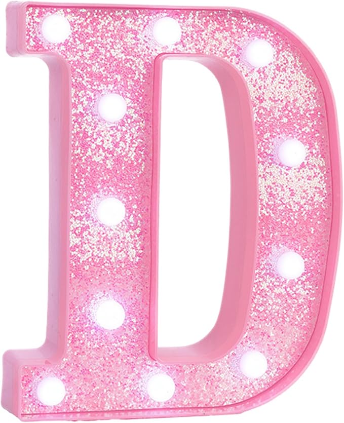 Pink LED Marquee Light Up Letters, Glitter Alphabet Letter Lights for Birthday Party Decorations, Battery Operated Letter Signs for Girls Room Table Decor, Pink letter D with Cool White Lights