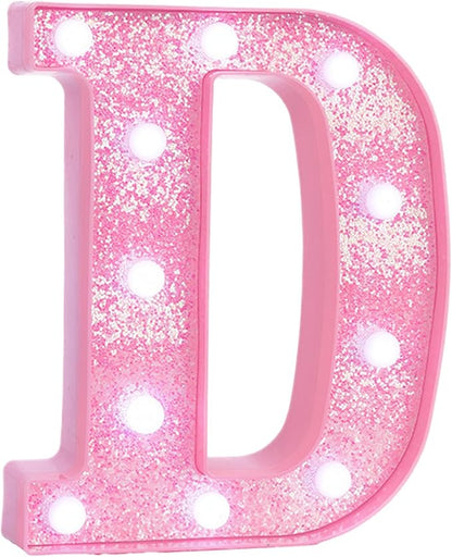 Pink LED Marquee Light Up Letters, Glitter Alphabet Letter Lights for Birthday Party Decorations, Battery Operated Letter Signs for Girls Room Table Decor, Pink letter D with Cool White Lights