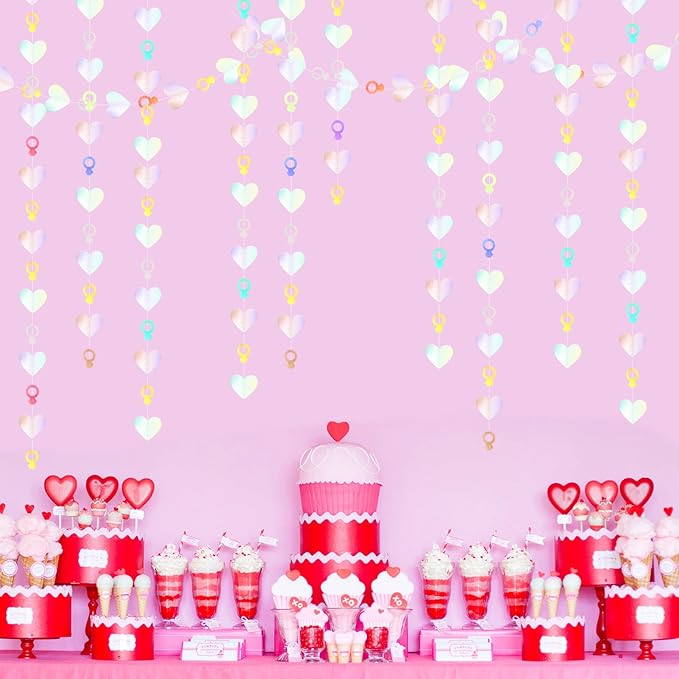 Engagement Bachelorette Party-Decorations Iridescent Heart-Ring Garland - 52Ft Holographic Disco Wedding Paper Streamers Banner,Galentines Proposal Decor Lasting Surprise