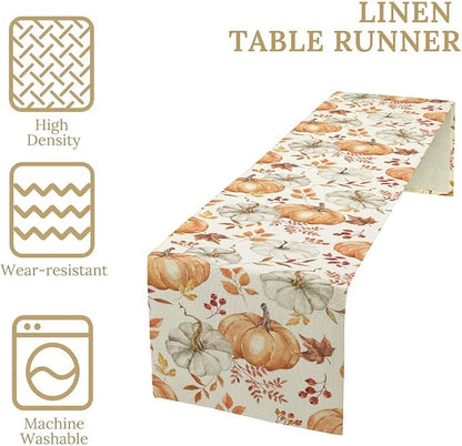 Pumpkin Table Runner Fall Orange White Colorful Leaves Berries Thanksgiving Watercolor Illustration Rustic Decor for Farmhouse Indoor Outdoor Party Holiday Dining Kitchen Restaurant Cafe W13xL60in