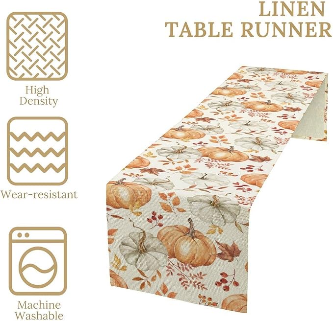 Pumpkin Table Runner Fall Orange White Colorful Leaves Berries Thanksgiving Watercolor Illustration Rustic Decor for Farmhouse Indoor Outdoor Party Holiday Dining Kitchen Restaurant Cafe W13xL90in