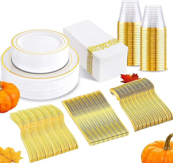 175 Pcs Gold Dinnerware Set, Plastic Plates Disposable for 25 Guests Include:25 Gold Rim Dinner Plates, 25 Dessert Plates, 25 Paper Napkins, 25 Cups, 25 Silverware Set Perfect for Party
