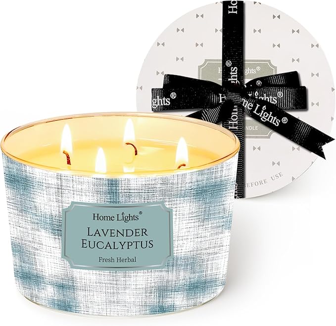 HomeLights Soy Wax Candles for Home Scented, 4-Wick Candles in Lavender Eucalyptus Scented, Aromatherapy Candles Gift for Parties, Relaxing, Scandinavian Minimalist Design, 18oz