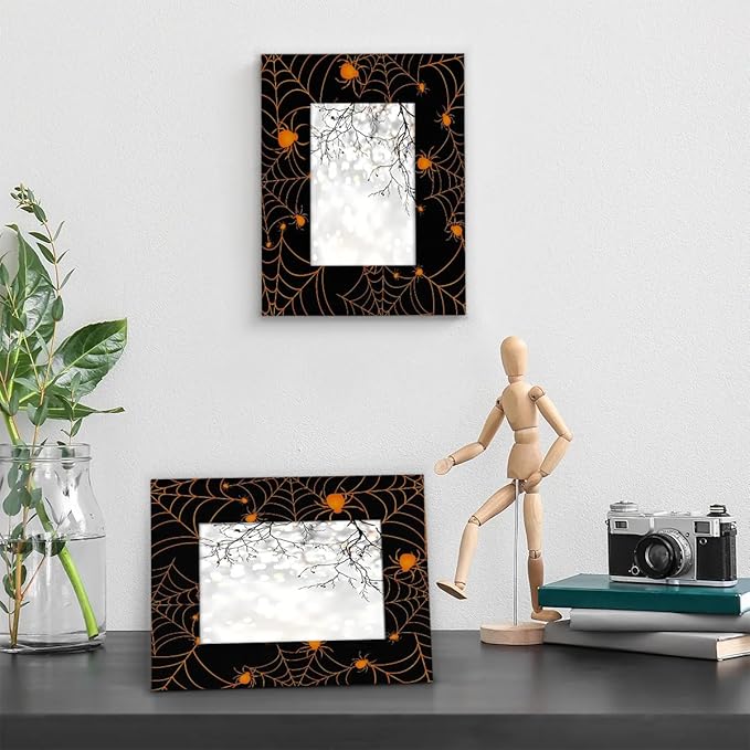 Tavisto Halloween Themed 4x6 Picture Frame Spooky Spider Web Wooden Photo Frames for Tabletop Display Wall Mounting Fits 4x6 Pictures Home Office Decor
