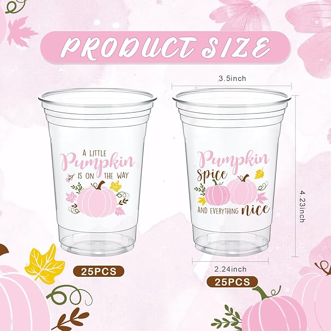 Meanplan 50 Pcs 12oz Thanksgiving Baby Shower Party Plastic Cups A Little Pumpkin is On The Way Disposable Clear Cups for Fall Autumn Baby Shower Gender Reveal Supplies Decorations(Pink)