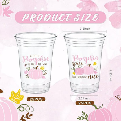 Meanplan 50 Pcs 12oz Thanksgiving Baby Shower Party Plastic Cups A Little Pumpkin is On The Way Disposable Clear Cups for Fall Autumn Baby Shower Gender Reveal Supplies Decorations(Pink)