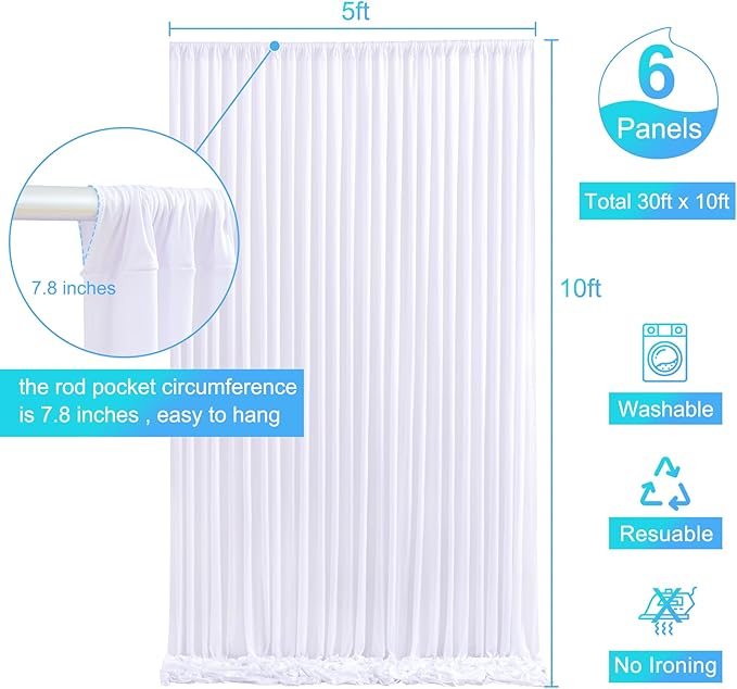 6 Panels White Backdrop Curtain for Parties Wedding Wrinkle Free White Photo Curtains Backdrop Drapes Fabric Decoration for Baby Shower 30ft(W) x 10ft(H)