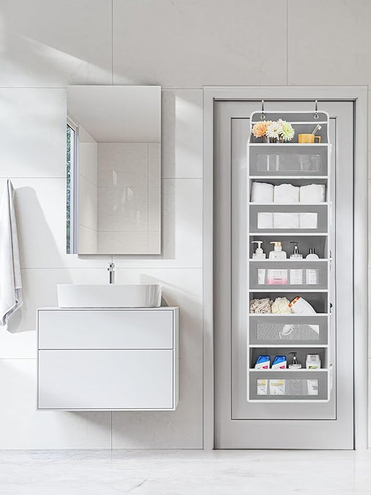 JARLINK Over The Door Organizer Storage, 5 Shelf Hanging Door Organizer with 5 Large Capacity Pockets, Anti Tilt 44 lb Load Behind Door Storage for Bedroom, Bathroom, Pantry, Nursery, (Grey)