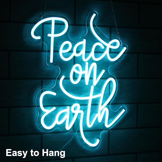 Peace on Earth Neon Sign Ice Blue Letter LED Neon Light Dimmable Neon Light Up Signs for Bedroom Man Cave Church Christmas Party Decor Blessing Gift