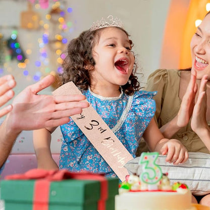CIEHER 3th Birthday Party Supplies: Crown, Sash, Pearl Pin Set - Decorations for Little Girls' Special Day