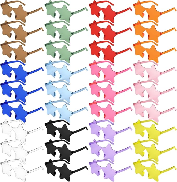 NACHLYNN 36 Pcs Transparent Sunglasses Multicolor Rimless Star Shaped Sunglasses Pentagram Glasses for Costumes Cosplay