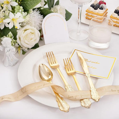 Supernal 360pcs Gold Plastic Silverware,Disposable Silvereware Heavy Duty, Gold Plastic Cutlery, 120 Plastic Forks and Spoons,Knives Perfect for Birthday, Wedding Halloween Thanksgiving Chirstmas