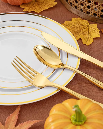 bUCLA 600 Pieces Gold Plastic Silverware - Disposable Gold Utensils - Heavyweight Plastic Cutlery set- 200 Forks, 200 Spoons, 200 Knives for Party & Thanksgiving