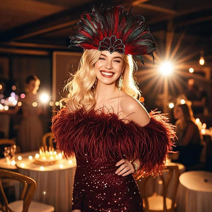 Women's Carnival Feather Headpieces Sequin Headdress for Wedding Masquerade Party Cosplay Feather Headbands