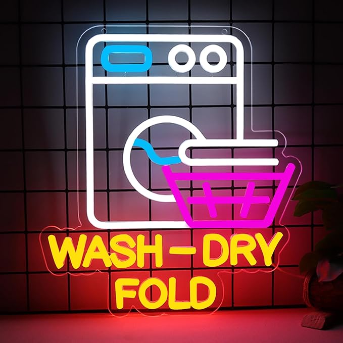 Wash Dry Fold Neon Sign LED Light Up Wall Decor for Laundry Room Home & Laundromat - USB Powered 12x14 Inch Hanging Decorative Lights Gift Idea