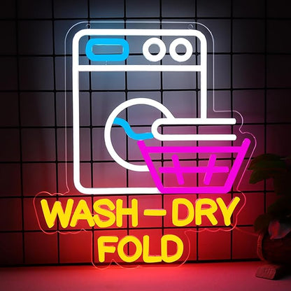 Wash Dry Fold Neon Sign LED Light Up Wall Decor for Laundry Room Home & Laundromat - USB Powered 12x14 Inch Hanging Decorative Lights Gift Idea