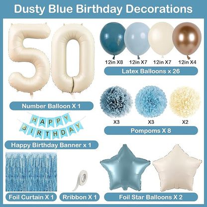 Dusty Blue 50th Birthday Party Decorations for Women Men Beige Cream Number 50 Balloon with Blue Gold Happy Birthday Banner Fringe Curtain Paper Pom Poms Nude White Sand Champagne Star Foil Balloons