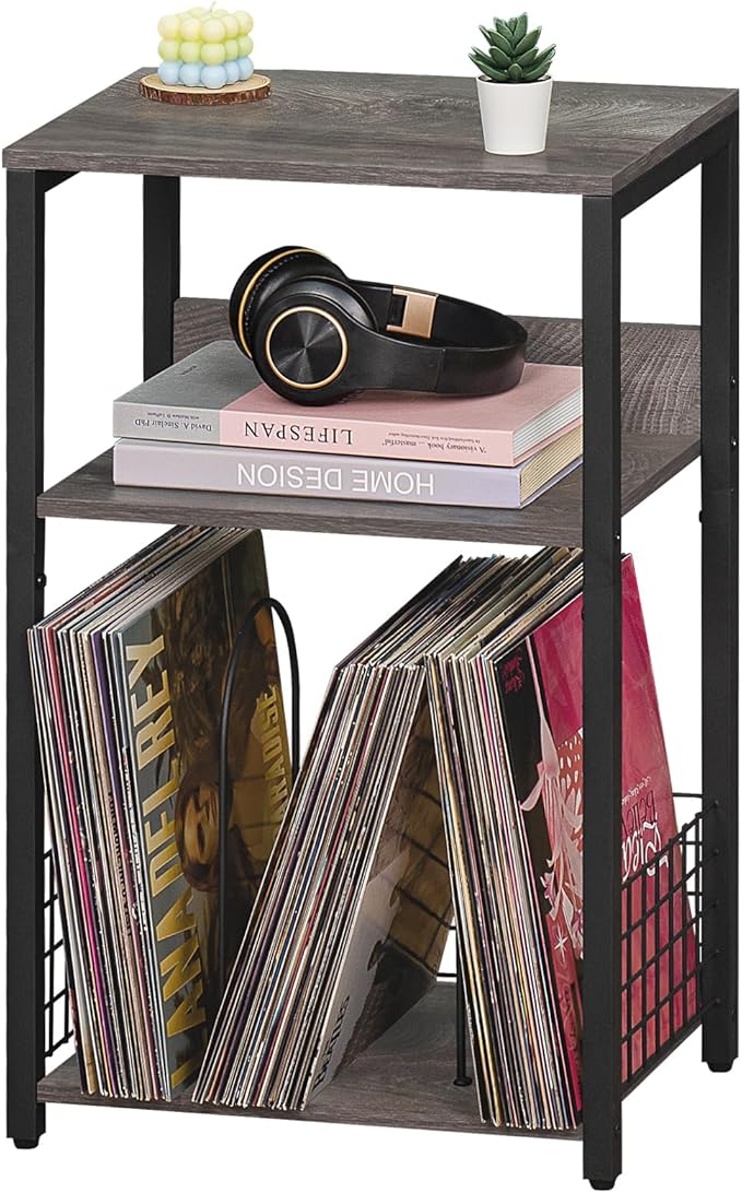 LELELINKY 3 Tier End Table,Record Player Stand with Storage Up to 100 Albums,Turntable Stand for Vinyl, Light Gray Records Shelf for Living Room Bedroom