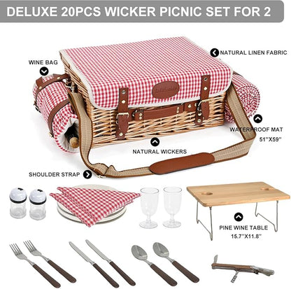 Multifunctional Wicker Picnic Basket Set for 2 with Blanket and Picnic Table, Insulated Picnic Set with Full Tablewares for Camping Outdoor Couples, Gingham