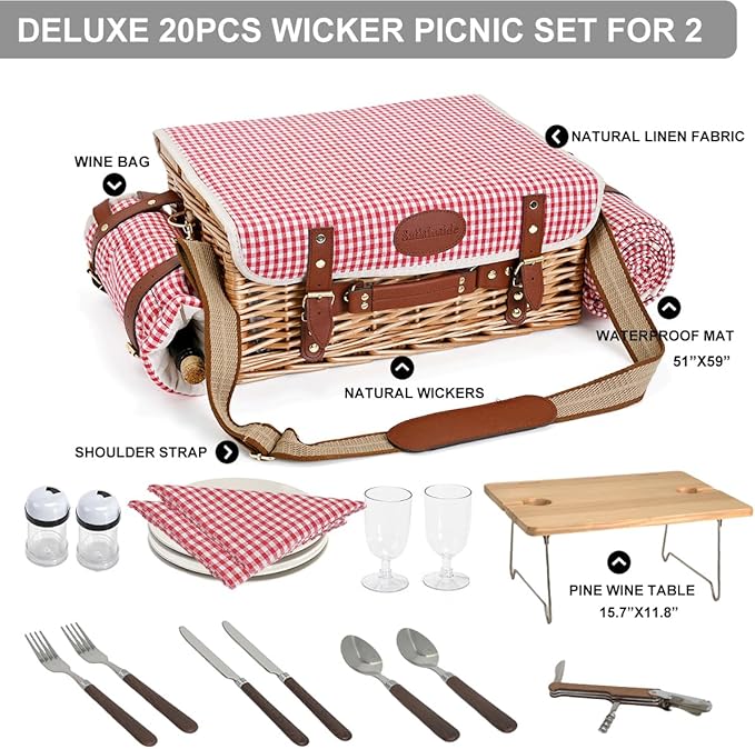 Multifunctional Wicker Picnic Basket Set for 4 with Blanket and Picnic Table, Insulated Picnic Set with Full Tablewares for Camping Outdoor Couples, Gingham