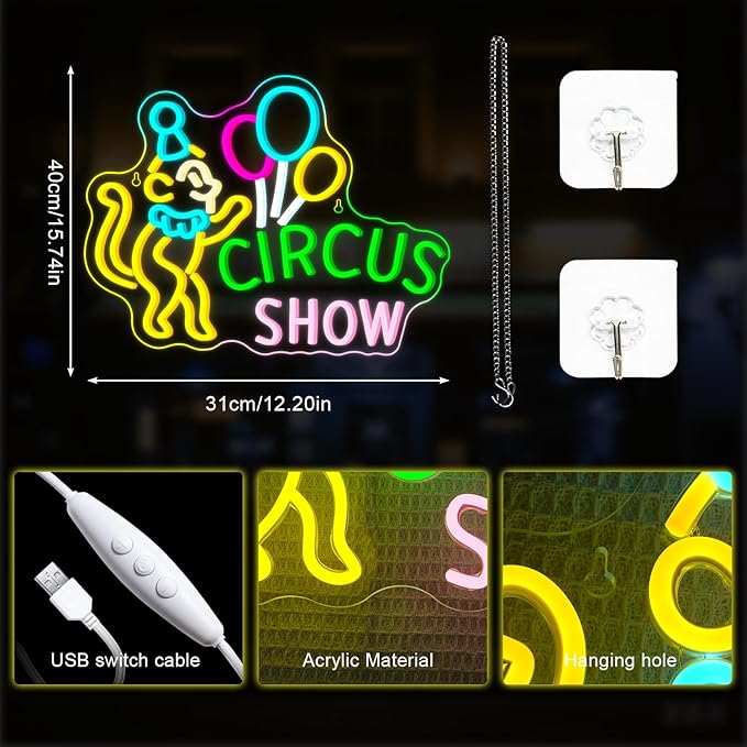Lucunstar Monkey Neon Sign LED Circus Sign with Clown and Balloons for Theme Park LED Carnival Decor for Play Restaurant College Room Neon Light Animal Gifts for Circus Fans Teens