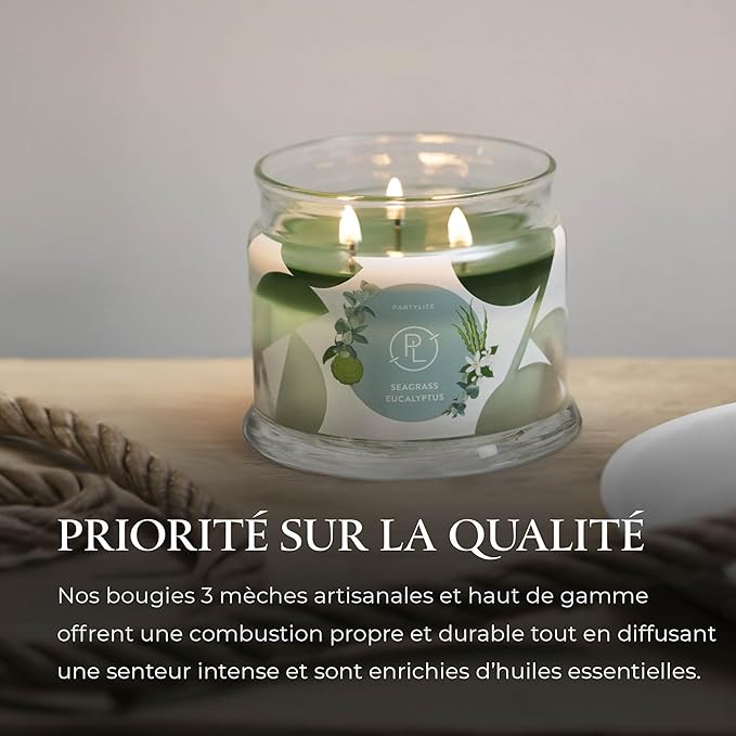 PartyLite Sea Grass Eucalyptus Scented, Notes of Eucalyptus, Lemon, Seagrass & Driftwood, 13.2oz 3-Wick Jar Candle, 45 Hour Burn Time, Luxurious Fragrance, Ideal for Gifting