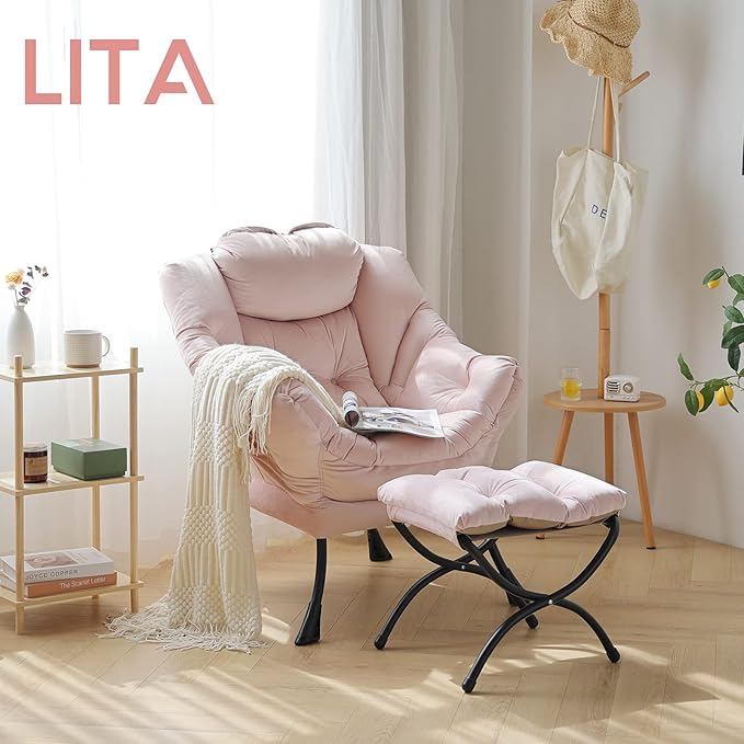 LITA Lazy Chair with Ottoman, Modern Accent Leisure Upholstered Sofa Chair, Contemporary Lounge Reading Chairs with Armrests and a Side Pocket for Living Room, Bedroom & Small Space, Pink