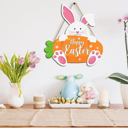 Kercan Wooden Easter Decor Rabbit Door Wreath for Front Door Sign Wall Spring Signs, Bunny Sign Welcome Hanging for Home Wall Decor Party Indoor Decoration, 10.6x11.4Inches