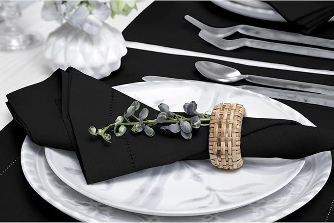 Solino Home Black Linen Napkins Set of 4-100% Pure Linen Hemstitch Dinner Napkins 20 x 20 Inch for Fall, Autumn, Winter, Christmas, Holiday, New Year - Classic Hemstitch