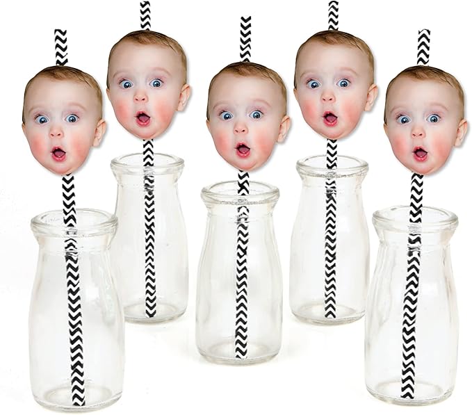 Big Dot of Happiness Fun Face Cutout Paper Straw Decor - Custom Photo Head Cut Out Striped Decorative Straws - Upload 1 Photo - Set of 24