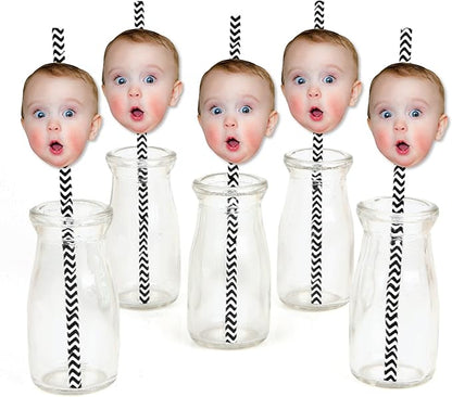 Big Dot of Happiness Fun Face Cutout Paper Straw Decor - Custom Photo Head Cut Out Striped Decorative Straws - Upload 1 Photo - Set of 24