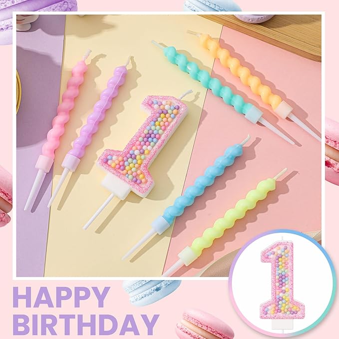 MTLEE Number 1 Birthday Candle with 12 Pcs Spiral Candles for Girls Macaron Pastel Rainbow Unicorn Pink Cake Topper for Sweet Theme Party Decoration