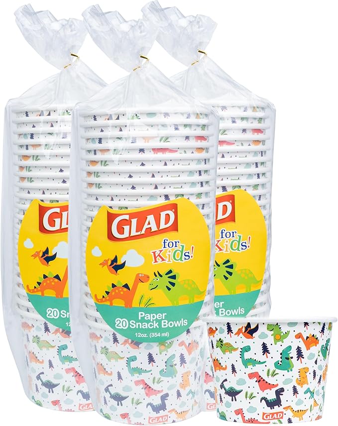 Glad for Kids Dinosaurs Paper Snack Bowls, Lids Not Included - Colorful Heavy Duty, Microwavable, Disposable Snack Cups with Lid for Soup or Ice Cream, 12 Ounce, 20 Count - 3 Pack