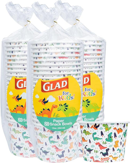 Glad for Kids Dinosaurs Paper Snack Bowls, Lids Not Included - Colorful Heavy Duty, Microwavable, Disposable Snack Cups with Lid for Soup or Ice Cream, 12 Ounce, 20 Count - 3 Pack