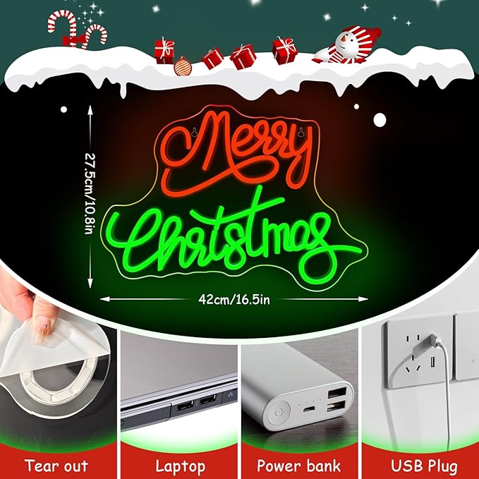 NOSUN Merry Christmas Neon Sign for Wall Decor Dimmable Merry Christmas Led Signs for Xmas Party Kids Bedroom Bar Pub Club Xmax Gift Decorations Bedroom Window Bar Club Shop Gift Decor