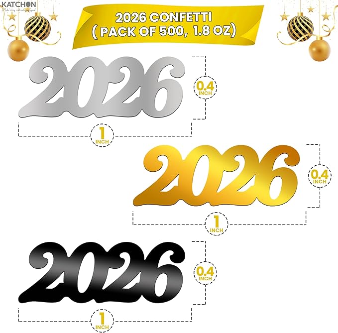 KatchOn, Shiny Black, Silver and Gold 2026 Confetti - Pack of 500 | Happy New Year Confetti 2026 | New Year Table Decorations 2026 | Happy New Year Decorations 2026 | New Year Decorations 2026