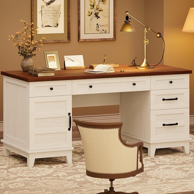60 Inch Farmhouse Executive Desk with File Drawers for Home Office, Large Computer Desk with Storage Cabinet & Charging Station, Wooden Writing Table with Power Outlets & USB Ports for Work Study