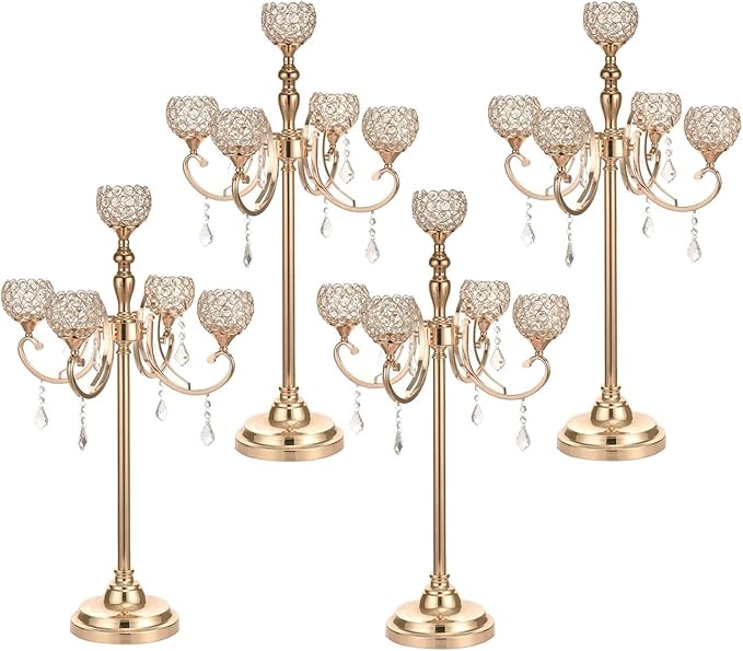 4Pack Gold 5 Arm Crystal Candelabras Centerpieces for Wedding,33 Inches Tall Crystal Candlestick Holders Table Top Chandelier Centerpiece for Party Events Baby Shower Christmas Decoration
